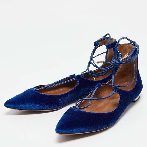 Aquazzura Shoes - Aquazzura CobaltBlue Velvet Christy Ankle Tie Ballet Flats Size 10 US